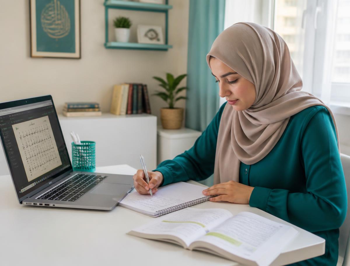 An adult student practising Arabic during an online lesson