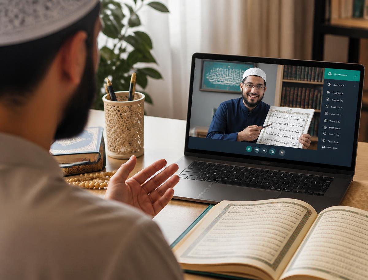 A teacher explaining Quran recitation during a live online lesson